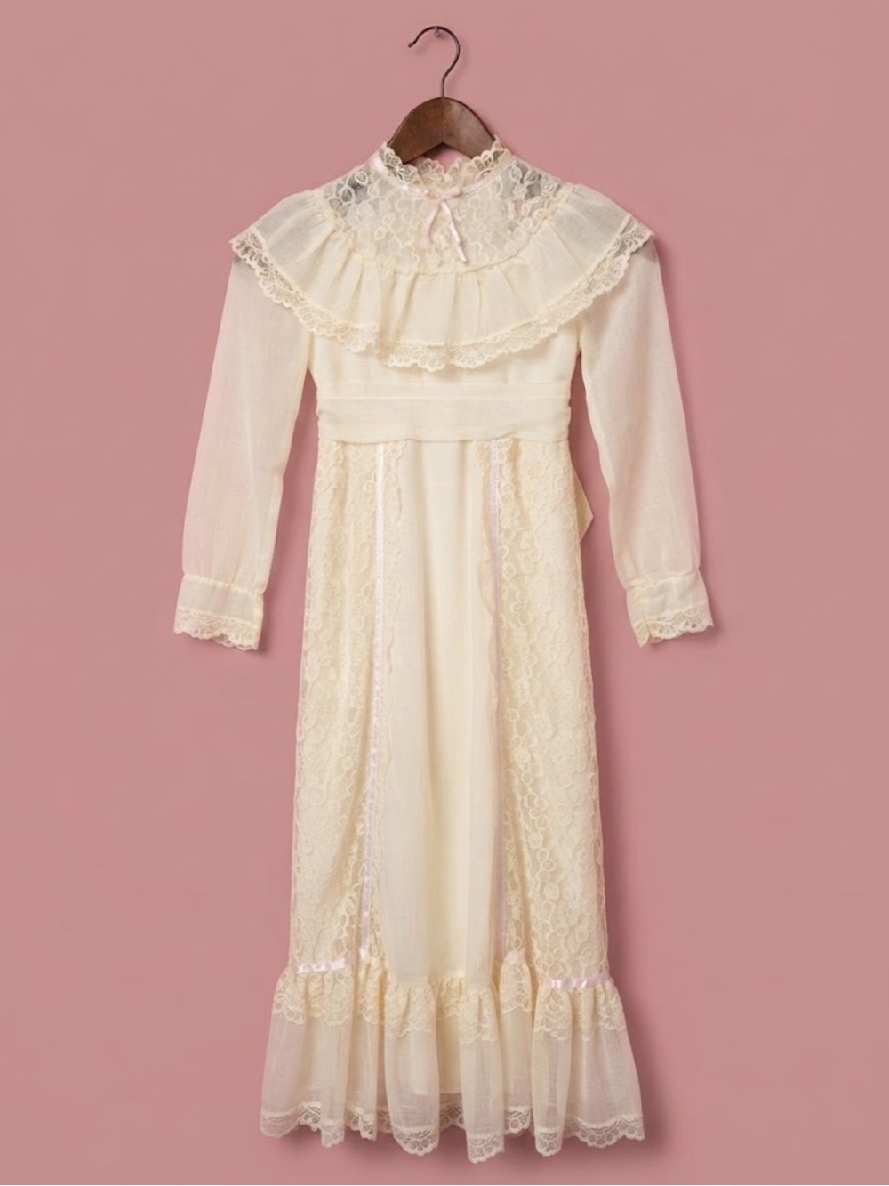 Vintage Girls Cream Lace Prairie Dress High Neck Ruffle Long Sleeve Tie Back 8